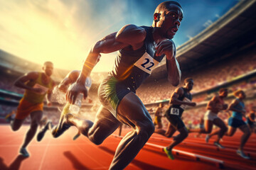 Sprinter leading at forefront of track race. Competitive sports and determination. - obrazy, fototapety, plakaty