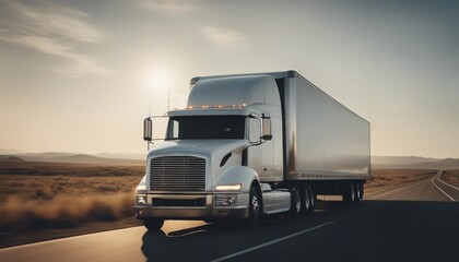 Obraz premium A white truck with a white blank empty trailer moving at on highway