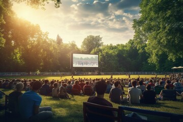 Outdoor community event at public park movie screening. Summer entertainment.