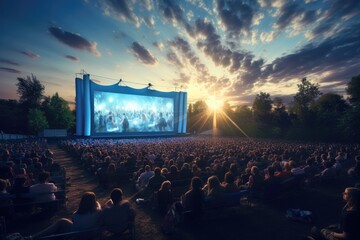 Open air cinema with large crowd at sunset. Outdoor entertainment. - obrazy, fototapety, plakaty