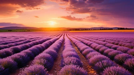 Fotobehang Lavender field sunset and lines. Beautiful lavender blooming scented flowers at sunset © Boraryn