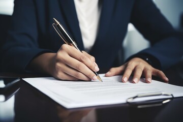 Detailed shot depicting the hands of a businesswoman with a ballpoint pen, actively signing a formal agreement