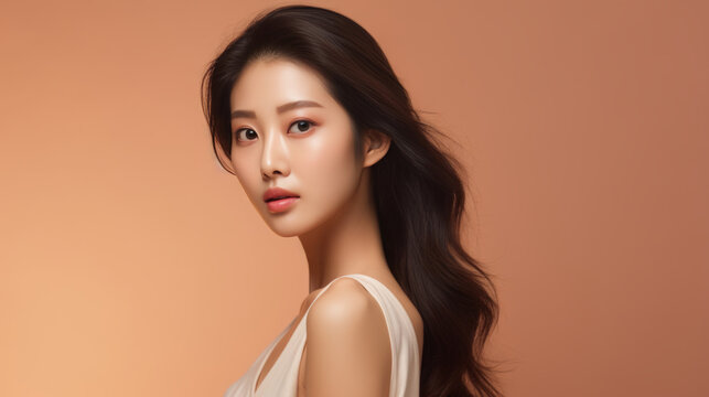 Young asian girl with perfect skin on beige background. Female Skin care editorial. Asian beauty portrait. 