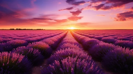 Gardinen Lavender field sunset and lines. Beautiful lavender blooming scented flowers at sunset © Boraryn