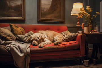 A golden retriever lies on a red sofa in the living room. Cozy atmosphere. The dog is waiting for his owner and is sad.