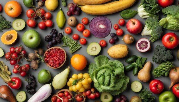 Organic Food Background And Copy Space. Food Photography Different Fruits And Vegetables Isolated White Background. High Resolution Product