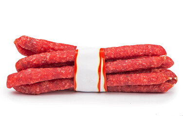 Smoked sausage, hunting sausage. Meat product . Photo of the concept of pricing, cost, discounts, supermarket operating ideas