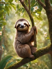 Fototapeta premium squirrel on treeCute sloth hanging on tree branch with funny face look, perfect portrait of wild animal in the Rainforest 