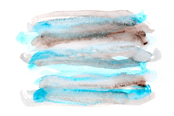 Abstract background, watercolor paint blots and stains on white paper, blue ink