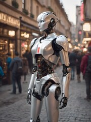 Fototapeta na wymiar female robot standing in the street, analysing people