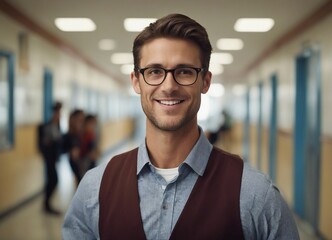 Obraz premium portrait of young male elementary school teacher in school hallway, students blurred in background