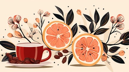 tea, delicious hot drink in a white cup with lemon, promo banner for advertising. Minimalistic background with tea leaves. copyspace. - obrazy, fototapety, plakaty