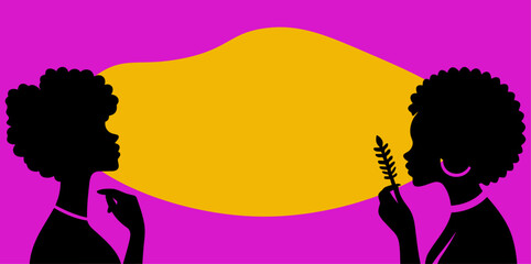 Two silhouettes against a vibrant purple background with a speech bubble