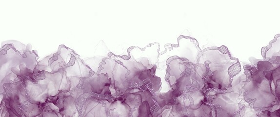 Alcohol ink abstract floral border with pink-purple color accent on white canvas. 