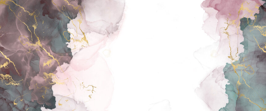 A Combination Of Abstract Watercolor Texture, Gold Foil Veins And Alcohol Ink On A Transparent Background. Png File 