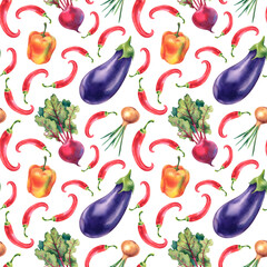 Watercolor seamless pattern of vegetables, eggplant, chili pepper, onion, beetroot. Proper nutrition. Packaging design, clipart.