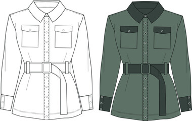 Coat technical fashion illustration. Parka jacket unisex. Jacket Military with army belt. fashion technical drawing template.  © gulsenbozkurt