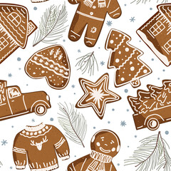 Christmas gingerbread cookies with doodle icing and pine branches seamless pattern, vector illustration. House, car, sweater, star, ginger man, and tree. New Year Eve pattern