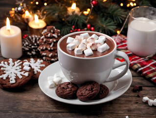 Hot chocolate with marshmallows and chocolate cookies on Christmas