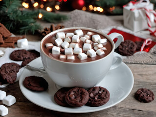 Obraz na płótnie Canvas Hot chocolate with marshmallows and chocolate cookies on Christmas