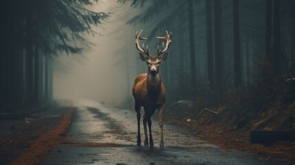 Misty Morning Encounter: Deer Near Road, Forest Mist