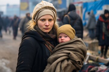 Homeless Woman and Baby in Refugee Camp