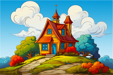 beautiful house on the hill with blue sky watercolor painting - obrazy, fototapety, plakaty