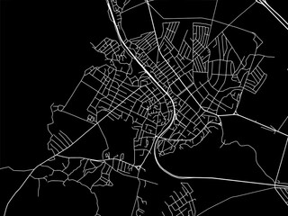 Vector road map of the city of Tovuz in Azerbaijan with white roads on a black background.