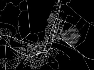 Vector road map of the city of Sirvan in Azerbaijan with white roads on a black background.