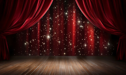 A Stage With Red Curtains And Stars, Empty theater stage with red velvet curtains. - obrazy, fototapety, plakaty
