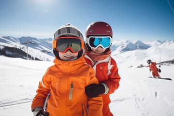 Fototapeta na wymiar Two kids on winter slope wearing safety goggles. Sports holiday