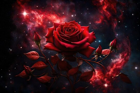 red rose flower in the black background with small glory drops of water lying on the sepals of roses spreading fragrance all-around abstract background 