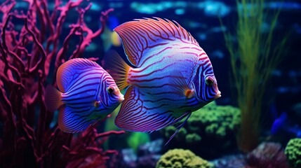 Fototapeta na wymiar A pair of vibrant Discus Fish in a