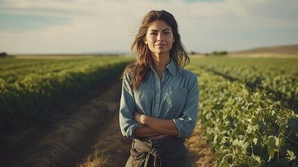Woman farmer poses in front of her farm field, with beds of growing vegetables - obrazy, fototapety, plakaty
