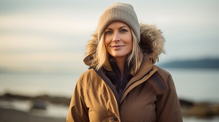 Scandinavian woman walks along the shore of the Baltic Sea in cold weather. Active life after 45 years. Healthy lifestyle - obrazy, fototapety, plakaty