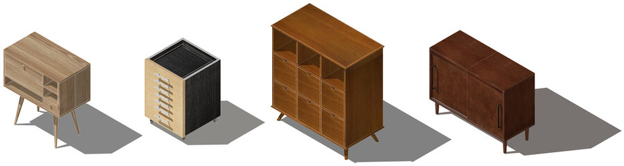 Set of 4 wardrobes and cabinets illustrated in isometric perspective with shadows, minimalist wood...