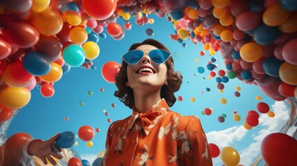 A smiling woman surrounded by floating balloons in a surreal dreamscape, colors popping in every direction - obrazy, fototapety, plakaty