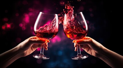 Close-up of hands, glasses and splashes of wine on a sparkling background. Holiday concept