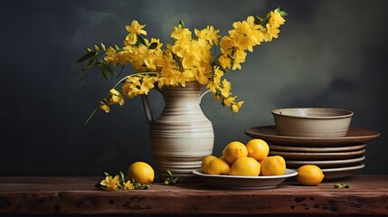 Bouquet of yellow flowers, lemons and clay plates on a gray vintage background © Nick Alias