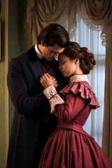Tender Victorian Love Affair. Young man tenderly hugs a young woman in a 19th century living room interior