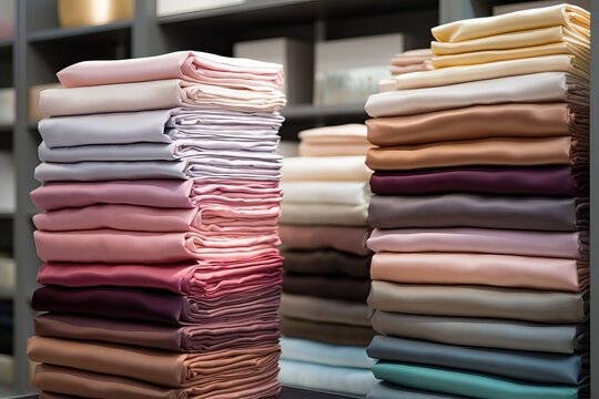 Sale of bed linen. Stacks of silk sheets of different colors are neatly folded on the store counter. Expensive natural bed linen