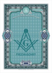 Vertical blank with Masonic symbols for creating certificates, diplomas, bills and other securities. Classic design in turquoise tones. In A4 format.
