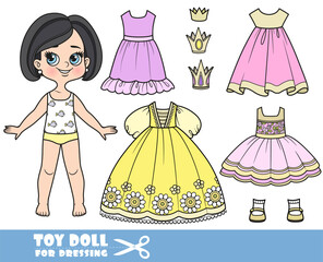 Cartoon brunette girl with bob haircut and clothes separately -  elegant dress for princess and crowns, summer dresses and sandals