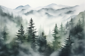 abstract watercolour forest painting with misty fog in the mountains