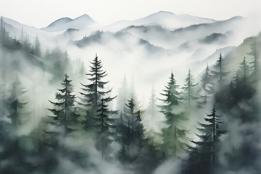 Fototapeta abstract watercolour forest painting with misty fog in the mountains