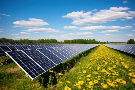 A sunny field with rows of solar panels capturing sunlight, creating a renewable energy farm
