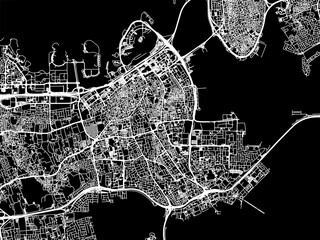 Vector road map of the city of Manama in Bahrain with white roads on a black background.