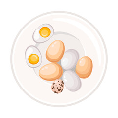 Vector set of chicken and quail unpeeled eggs on a white plate. Boiled or raw eggs. Eggs in a shell on a plate. Breakfast food. Healthy eating. Illustration in the flat style