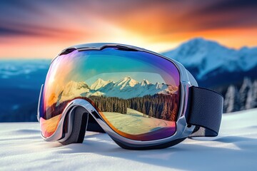 Ski goggles with reflection of mountains. Winter ski theme - obrazy, fototapety, plakaty