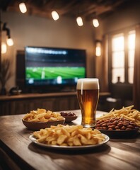 glass of Beer and bowl of chips set on football match tv background at home
